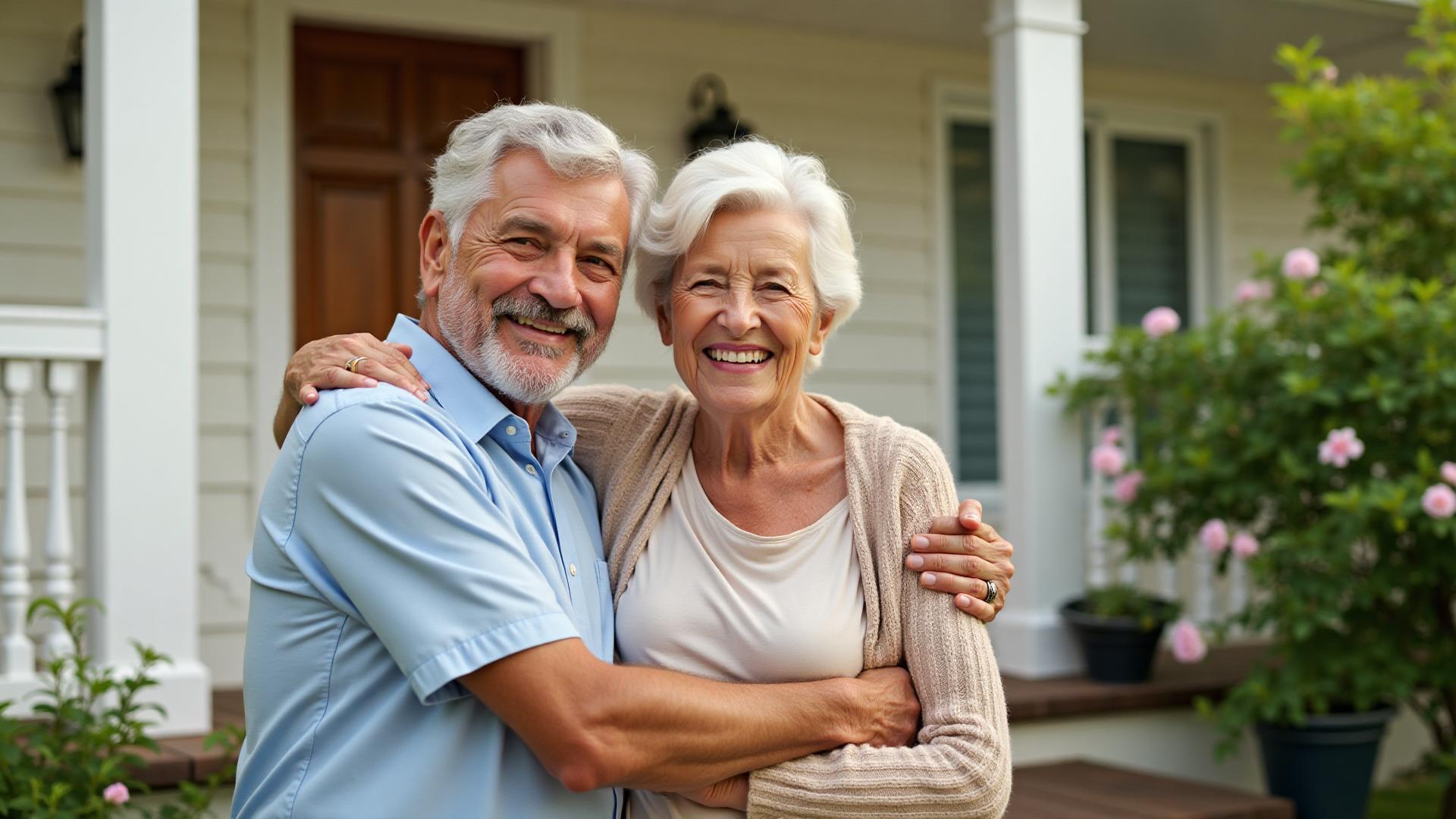 Happy older couple on their porch enjoying retirement