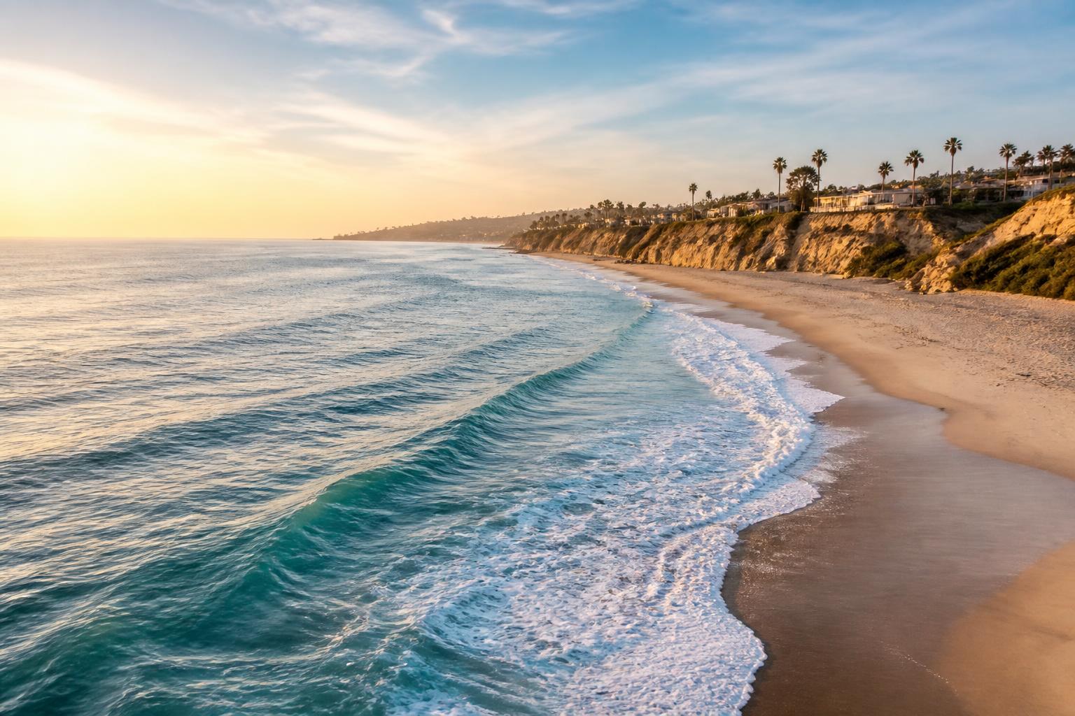 San Diego coastline at golden hour with turquoise waves rolling onto a clean sandy beach